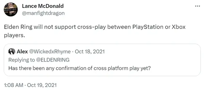 elden ring crossplay not supported tweet